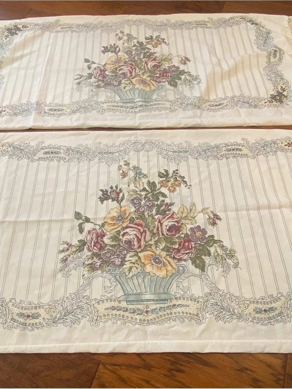 Vintage Set of King Louis Nichole pillowcases floral urn design & lace trim